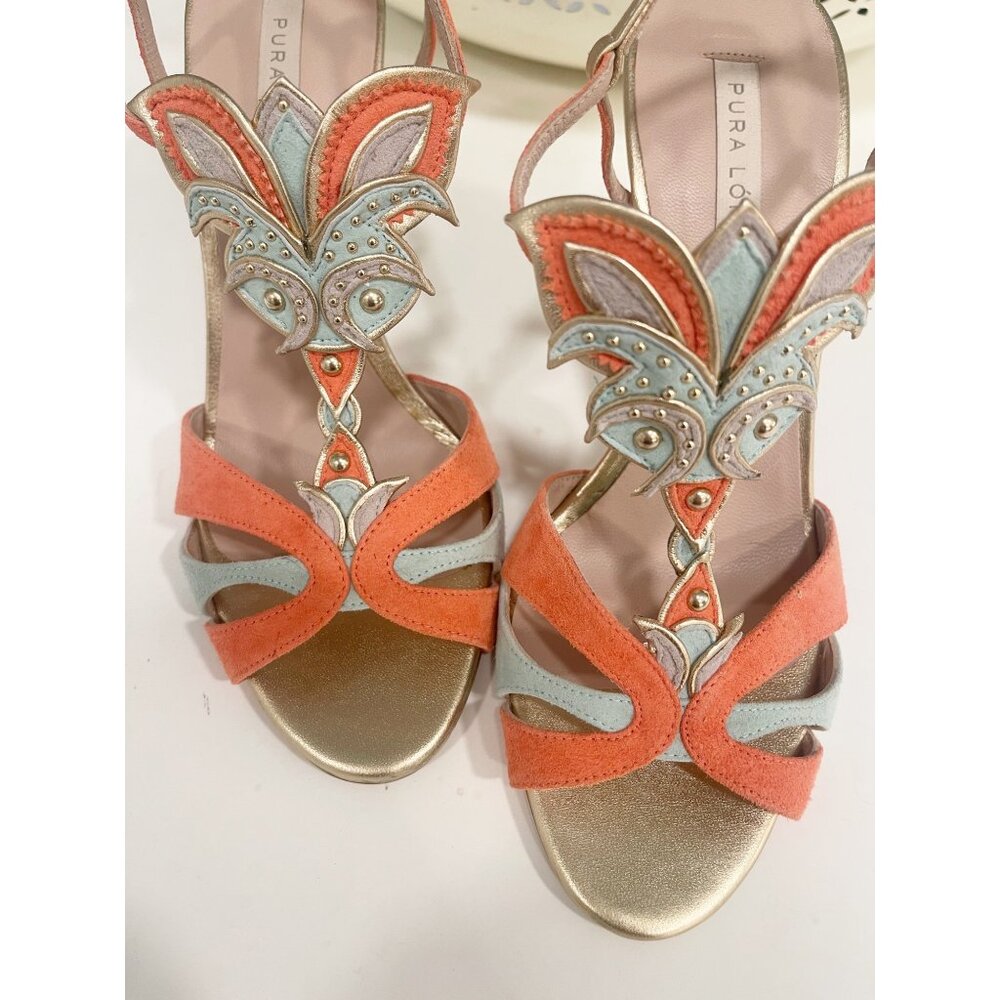 Pura Lopez Leather & Suede Strappy Sandles With Gold Accents SZ 7.5 SPAIN